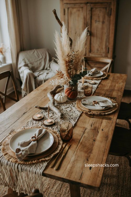 Boho thanksgiving table with natural wood chargers driftwood and rustic textures