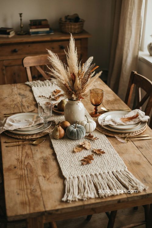 Boho thanksgiving table with neutral feathers pampas grass and earthy décor