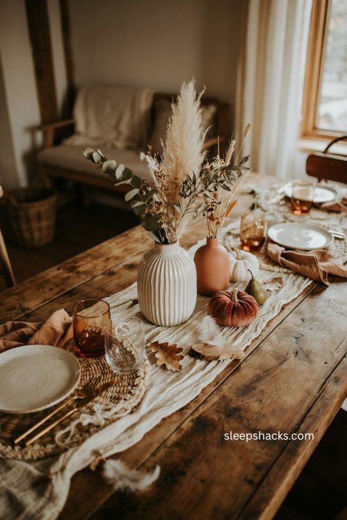 Boho thanksgiving table with ribbed handmade ceramic vase and dried florals