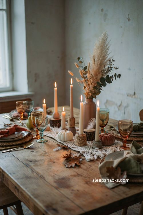 Boho thanksgiving table with warm unscented candles and natural holders 