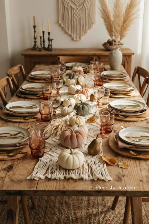 Boho thanksgiving table with white velvet pumpkins and natural earthy décor