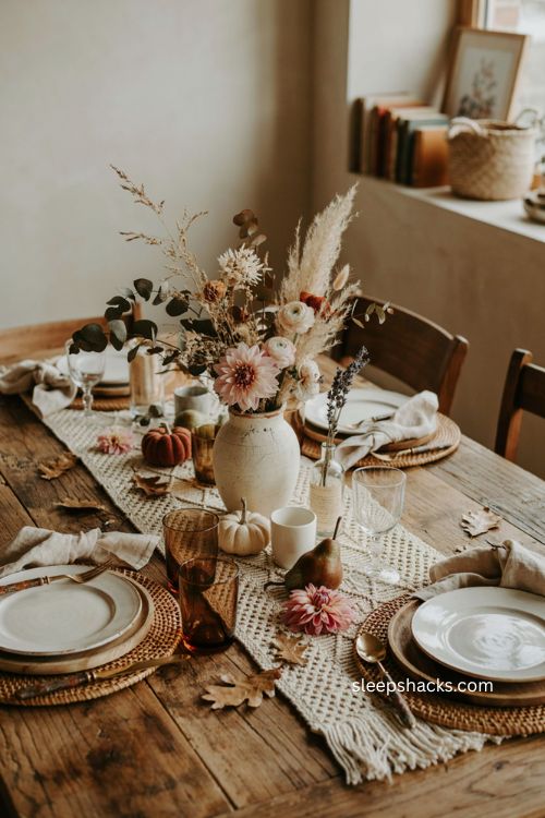 Boho thanksgiving table with wildflower dahlias eucalyptus and dried floral arrangement