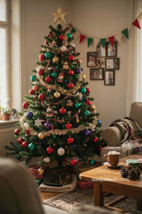 Bold 90s Christmas tree with colorful retro ball ornaments in jewel tones 