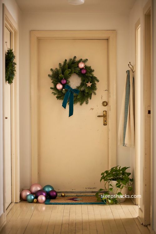 Bold colorful apartment door christmas decor with teal blush pink and deep purple wreath 