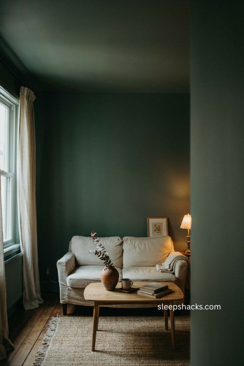 Bold cozy painted walls with warm green tones in a small living room 