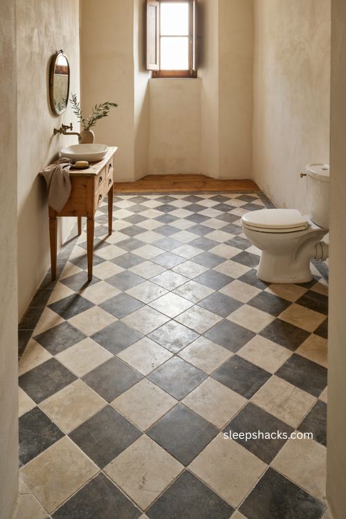 Bold floor half bathroom ideas with oversized checkerboard tile