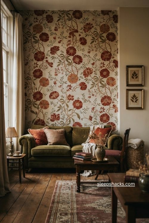 Bold floral wallpaper accent wall in a cozy vintage living room 