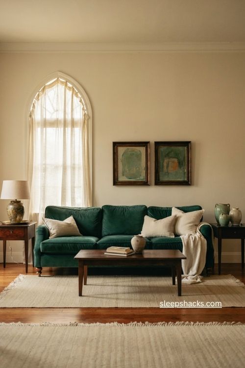 Bold green velvet sofa living room with dark wood and gold accents