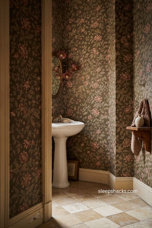 Bold half bathroom ideas with vintage wallpaper and aged brass