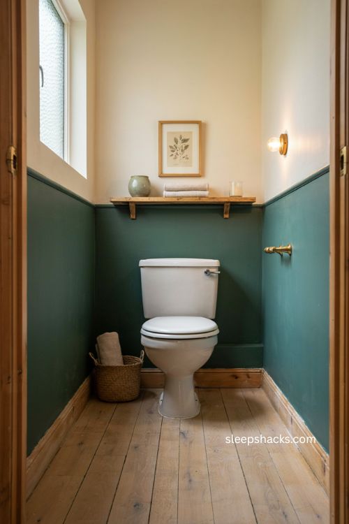 Bold lower half water closet with deep sage green walls and cozy cottage style