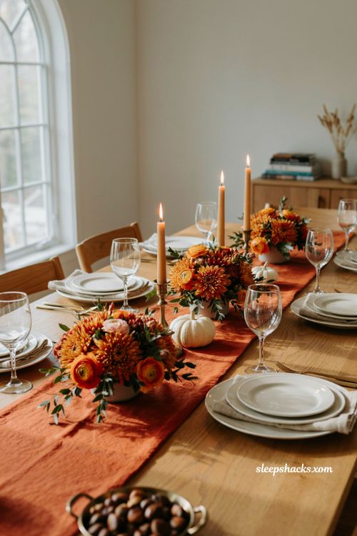 Bold orange Thanksgiving table with chrysanthemum flowers brass candlesticks and cream dinnerware