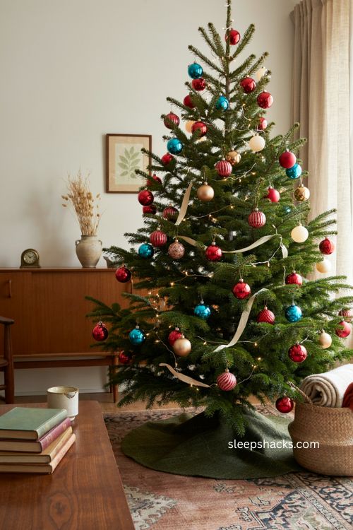 Bold retro-style round Christmas ornaments in cherry red turquoise and hot pink 