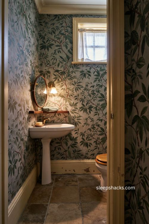 Bold wallpaper half bathroom ideas with vintage botanical style