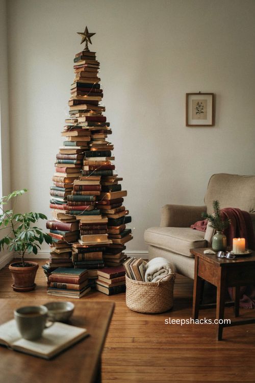 Book Christmas tree with stacked vintage books warm lights and cozy holiday decor