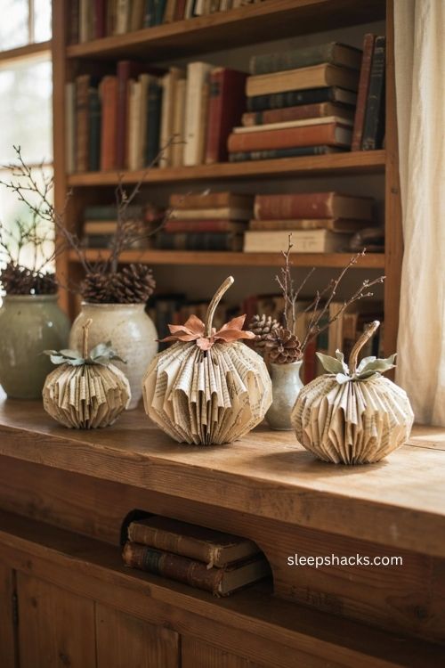 Book page paper pumpkins with twig stems and leaves for fall mantel decor