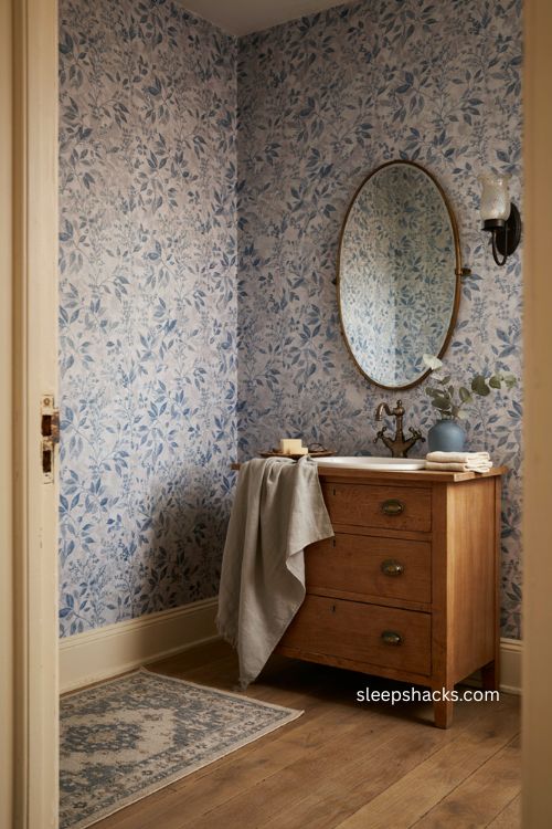 Botanical blue wallpaper powder room with antique wood vanity and cozy vintage details 