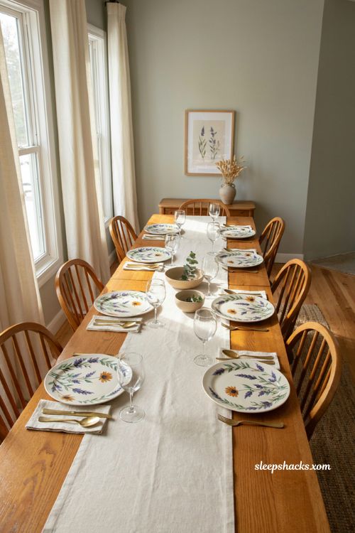 Botanical pattern Thanksgiving table with lavender mustard dinnerware and matching flower stems
