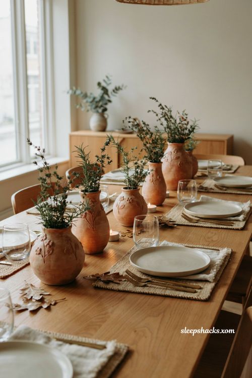 Botanical terra cotta pot Thanksgiving centerpieces with handmade clay details