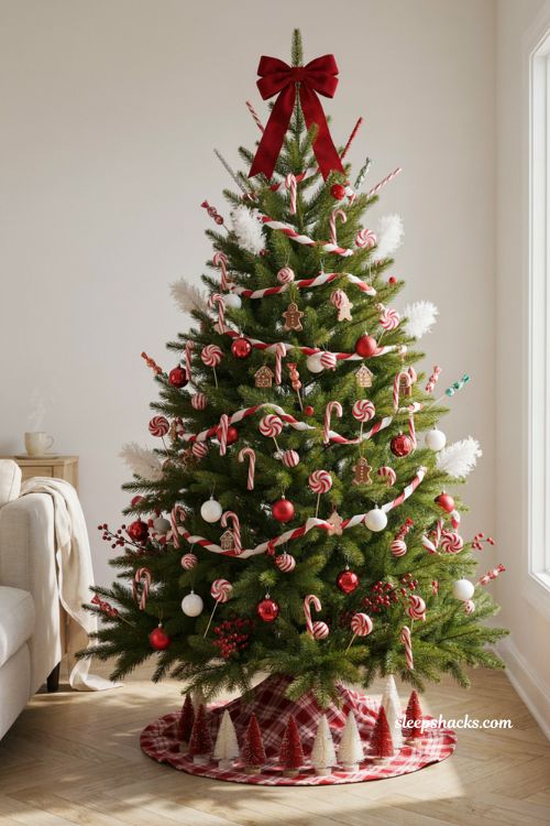 Bottle brush trees around a candy cane Christmas tree