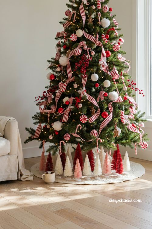 Bottle brush trees around a candy cane Christmas tree