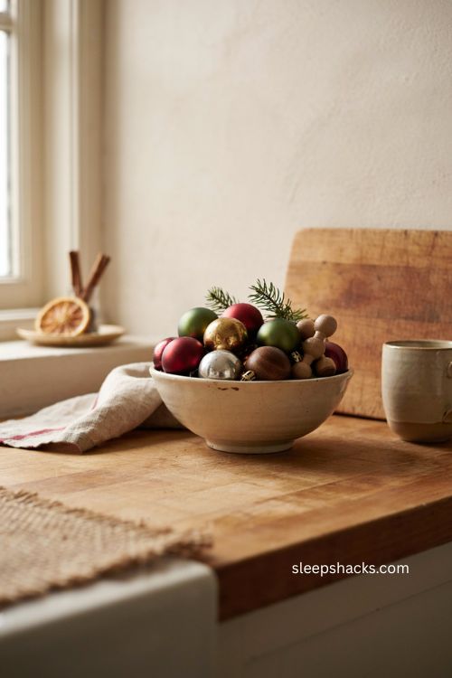 Bowl of leftover Christmas ornaments on a cozy holiday kitchen counter 