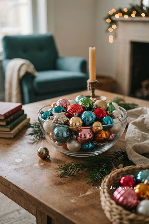 Bowl of loose vintage Christmas ornaments in colorful retro glass