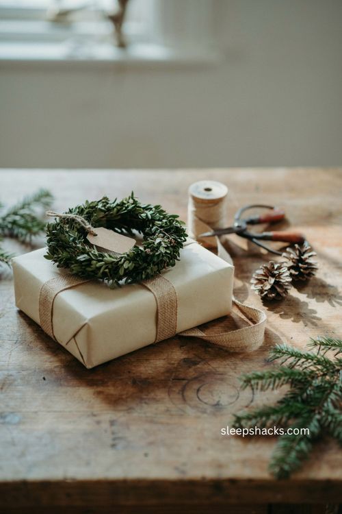 Boxwood wreath Christmas gift topper with burlap ribbon 