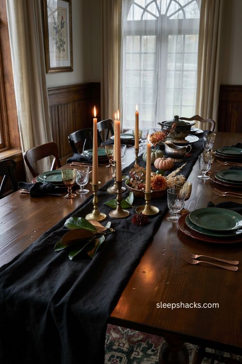 Brass candlesticks Thanksgiving tablescape with vintage candlelight dark plates black runner and moody fall decor 
