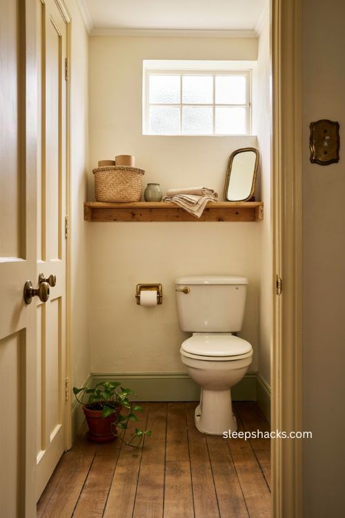 Brass hardware upgrades in a cozy water closet with vintage cottage style
