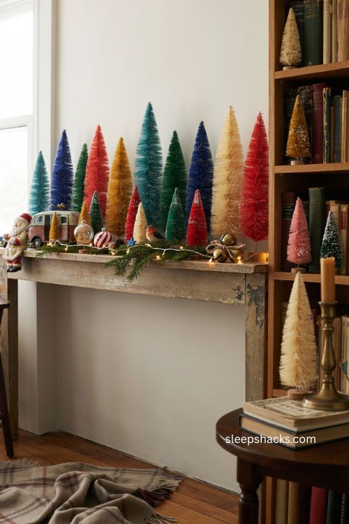 Bright colorful bottle brush trees in a vintage Christmas mantel display 