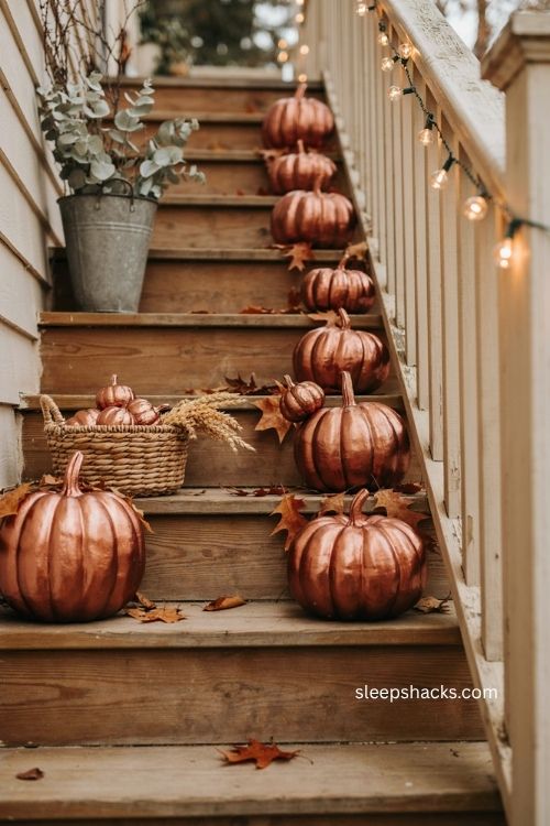 Bronze and copper metallic pumpkins for elegant homemade fall porch decor 