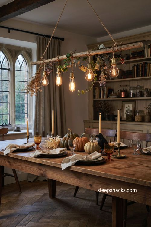 Broomstick pendant light with warm bulbs and elegant Halloween dining decor 