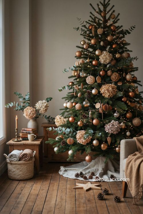 Brown Christmas decor ideas with gold cream pinecones dried hydrangeas and natural textures