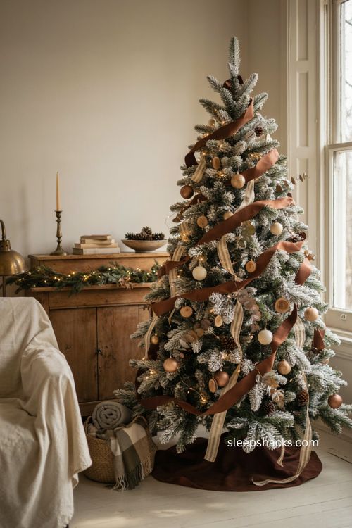 Brown and gold ribbon Christmas tree with layered satin ribbon and flocked white branches