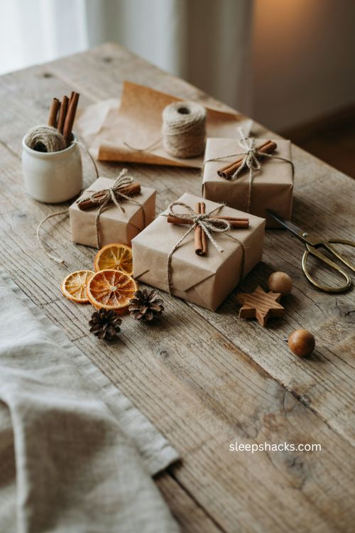 Brown paper christmas wrapping ideas with cinnamon sticks and jute twine