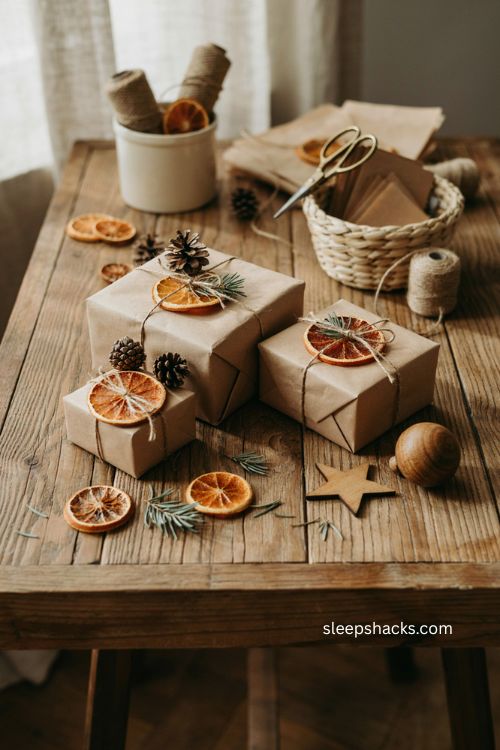 Brown paper christmas wrapping ideas with dried orange slices and twine