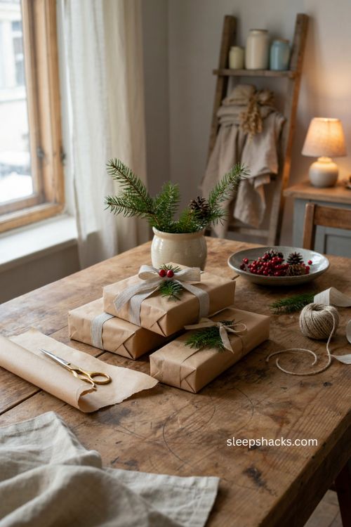 Brown paper christmas wrapping ideas with fresh evergreen sprigs and red berries