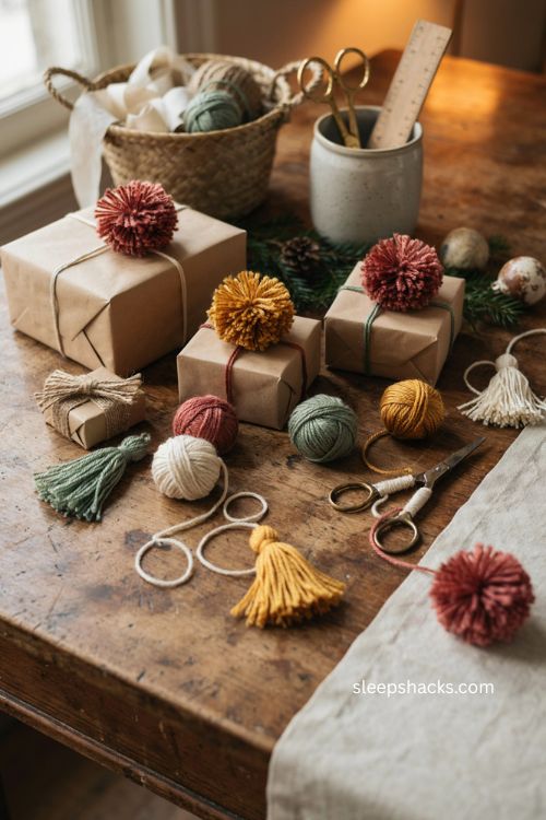 Brown paper christmas wrapping ideas with handmade yarn pompoms and tassels 