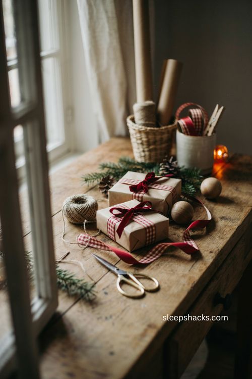 Brown paper christmas wrapping ideas with layered plaid and red ribbon 