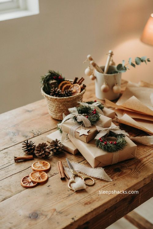 Brown paper christmas wrapping ideas with mini wreaths and burlap ribbon 
