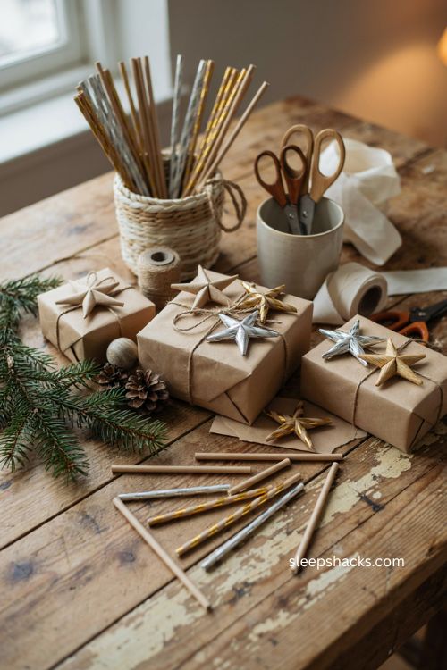 Brown paper christmas wrapping ideas with paper straw star toppers 