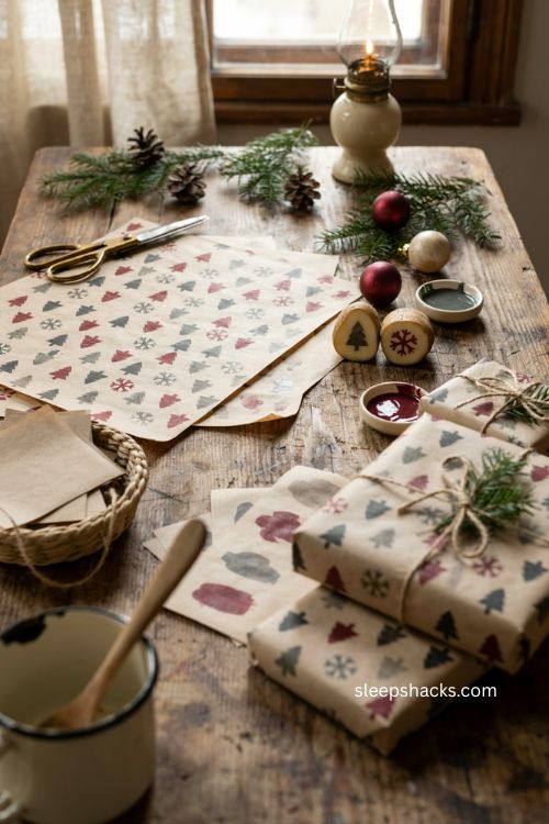 Brown paper christmas wrapping ideas with potato stamped holiday prints 