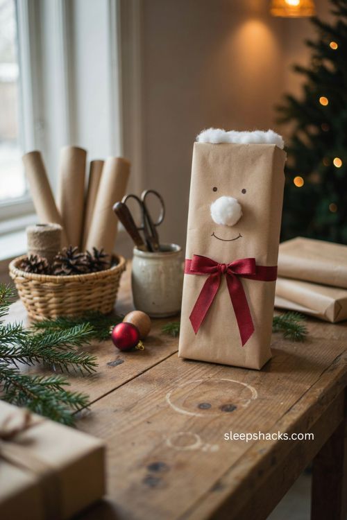 Brown paper christmas wrapping ideas with santa inspired red ribbon parcel 