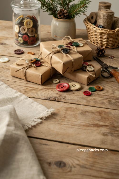 Brown paper christmas wrapping ideas with vintage buttons and jute twine 