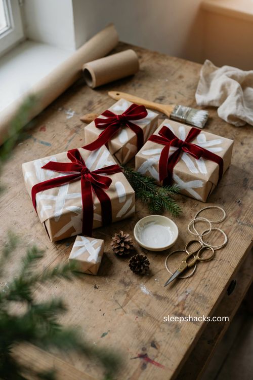 Brown paper christmas wrapping ideas with white paint strokes and red velvet ribbon