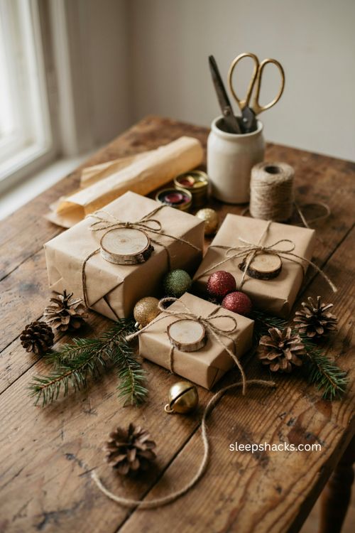 Brown paper christmas wrapping ideas with wooden ornaments and glitter baubles