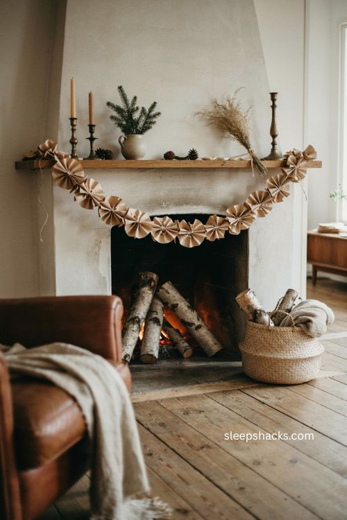 Brown paper coffee filter Christmas garland with birch logs