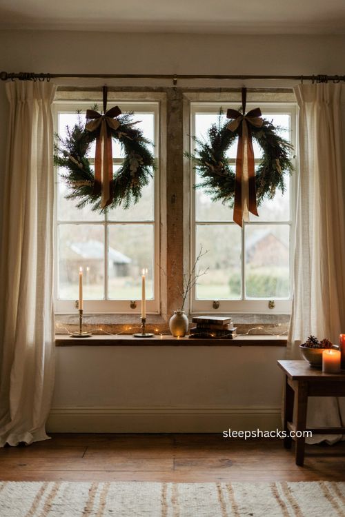 Brown satin ribbon Christmas wreaths with gold accents on windows