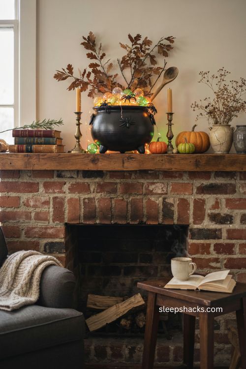 Bubbling cauldron with glowing ornaments and cozy Halloween mantel decor 