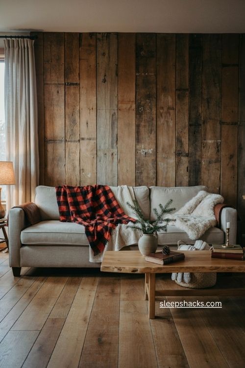 Buffalo plaid flannel Christmas blanket on cozy farmhouse sofa